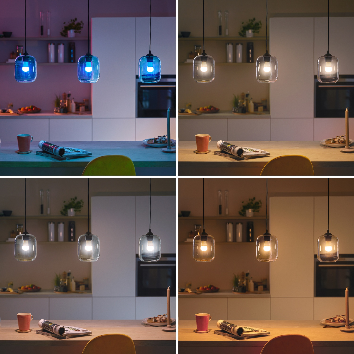 Quatre scènes d'une cuisine montrant des suspensions de différentes couleurs et luminosités.