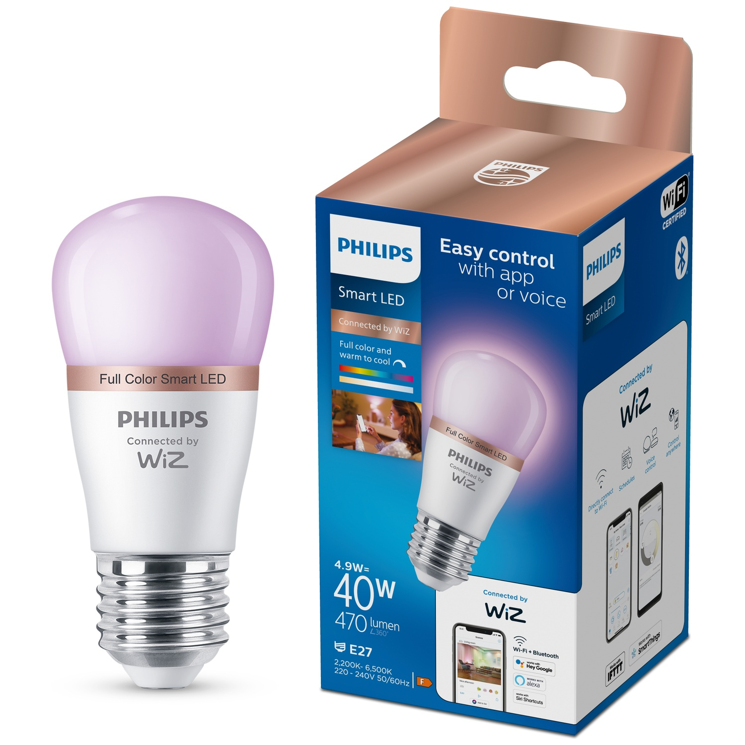Ampoule LED intelligente Philips et emballage, avec contrôle couleur et vocal.