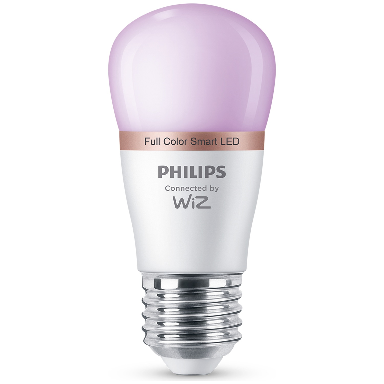 Une ampoule LED intelligente Philips blanche émettant une lumière rose, base argentée.