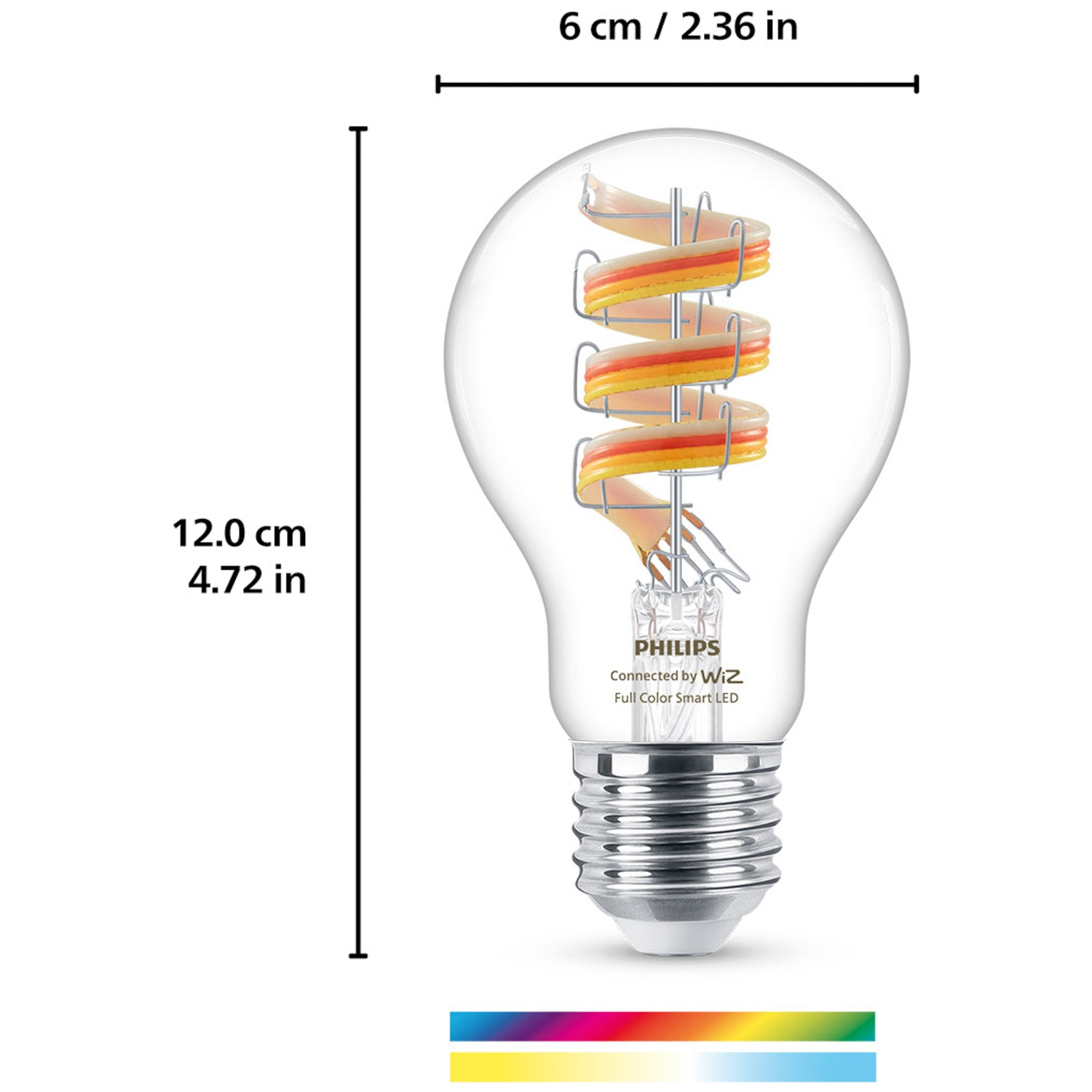 A Philips smart LED bulb, 12cm tall, 6cm wide, with a coiled filament.