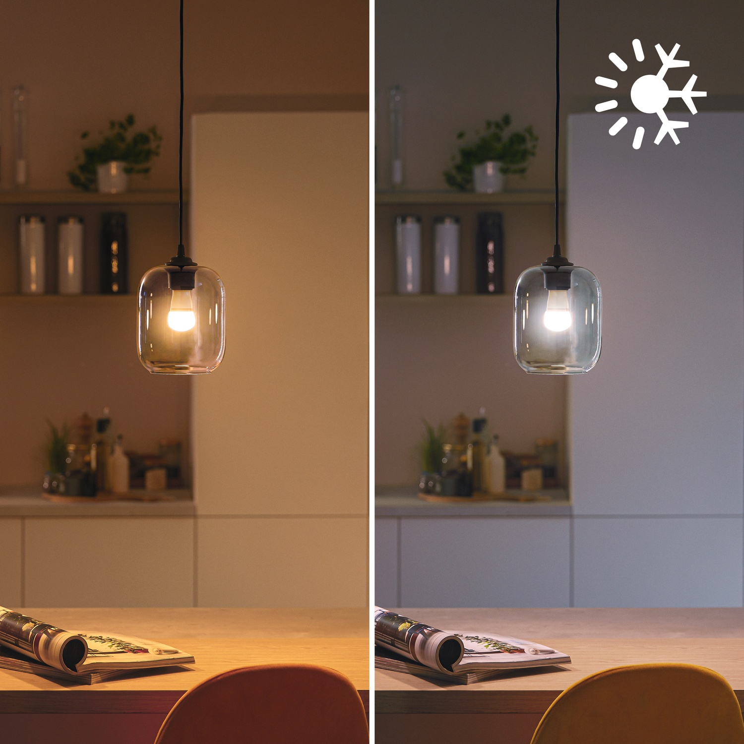 Image divisée montrant une suspension : lumière jaune chaud à gauche, blanc froid à droite.
