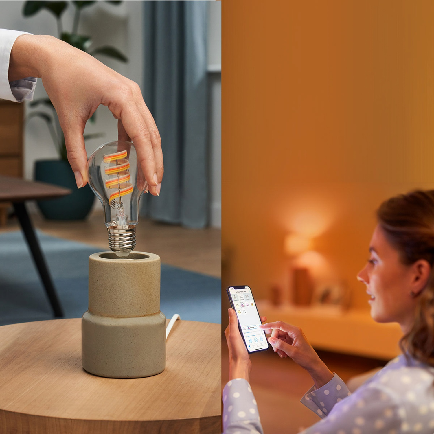 A hand holds a lightbulb; a woman uses a smartphone.