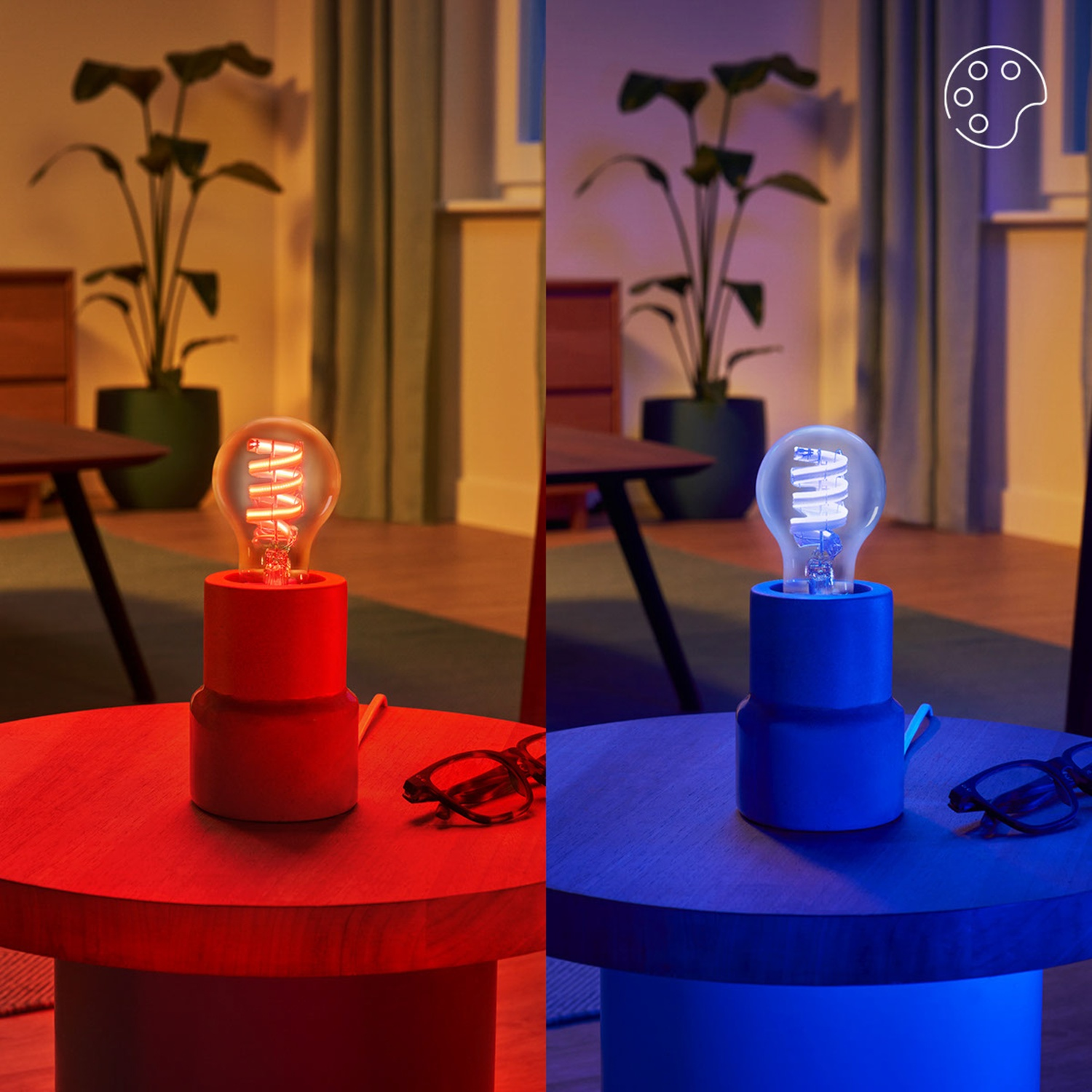 A red and a blue table with lightbulbs and glasses.