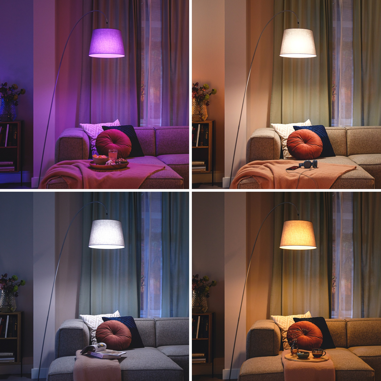 Lampe à arc éclaire canapé dans diverses couleurs: violet, blanc, gris, orange.