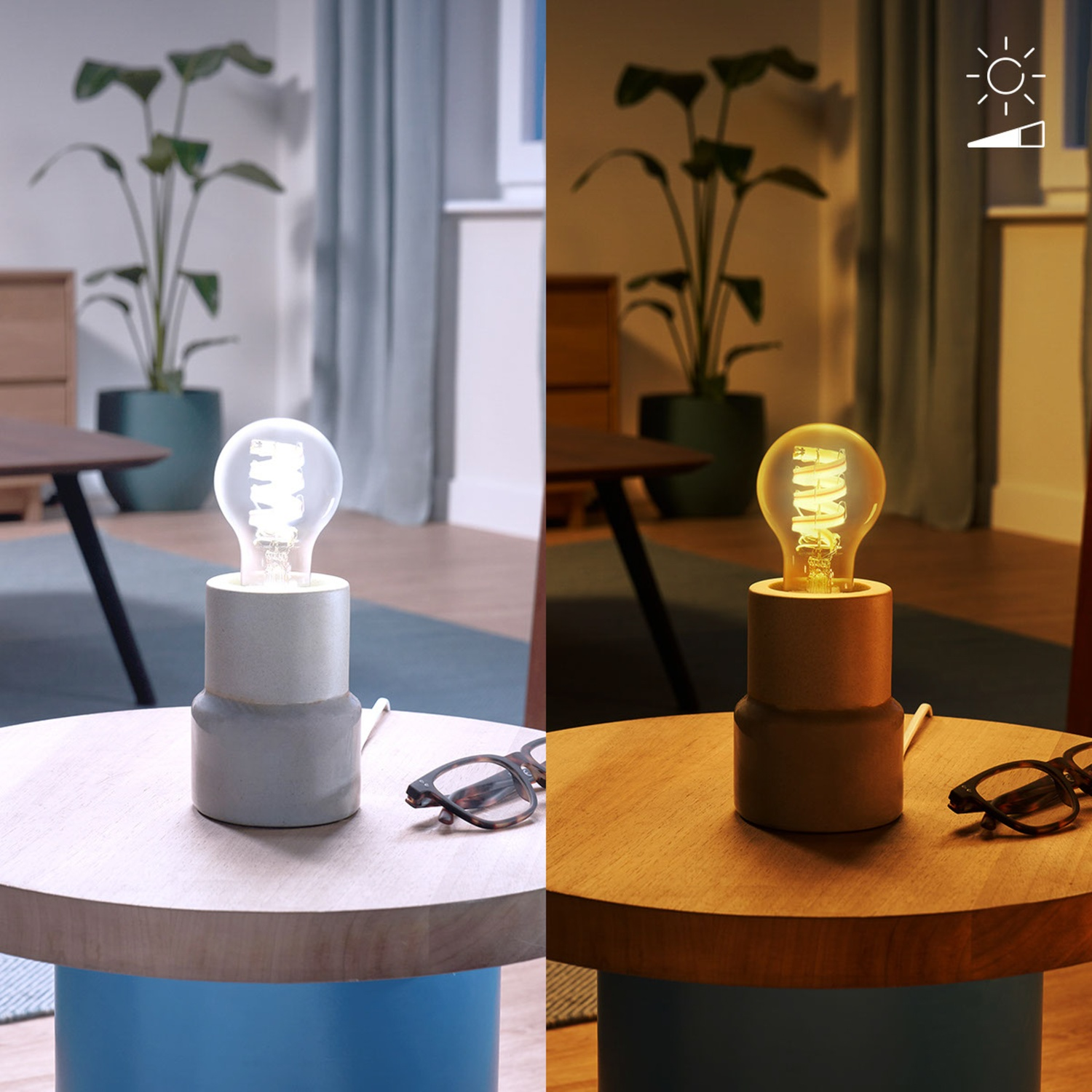 A table lamp comparison: cool light left, warm light right, with glasses.