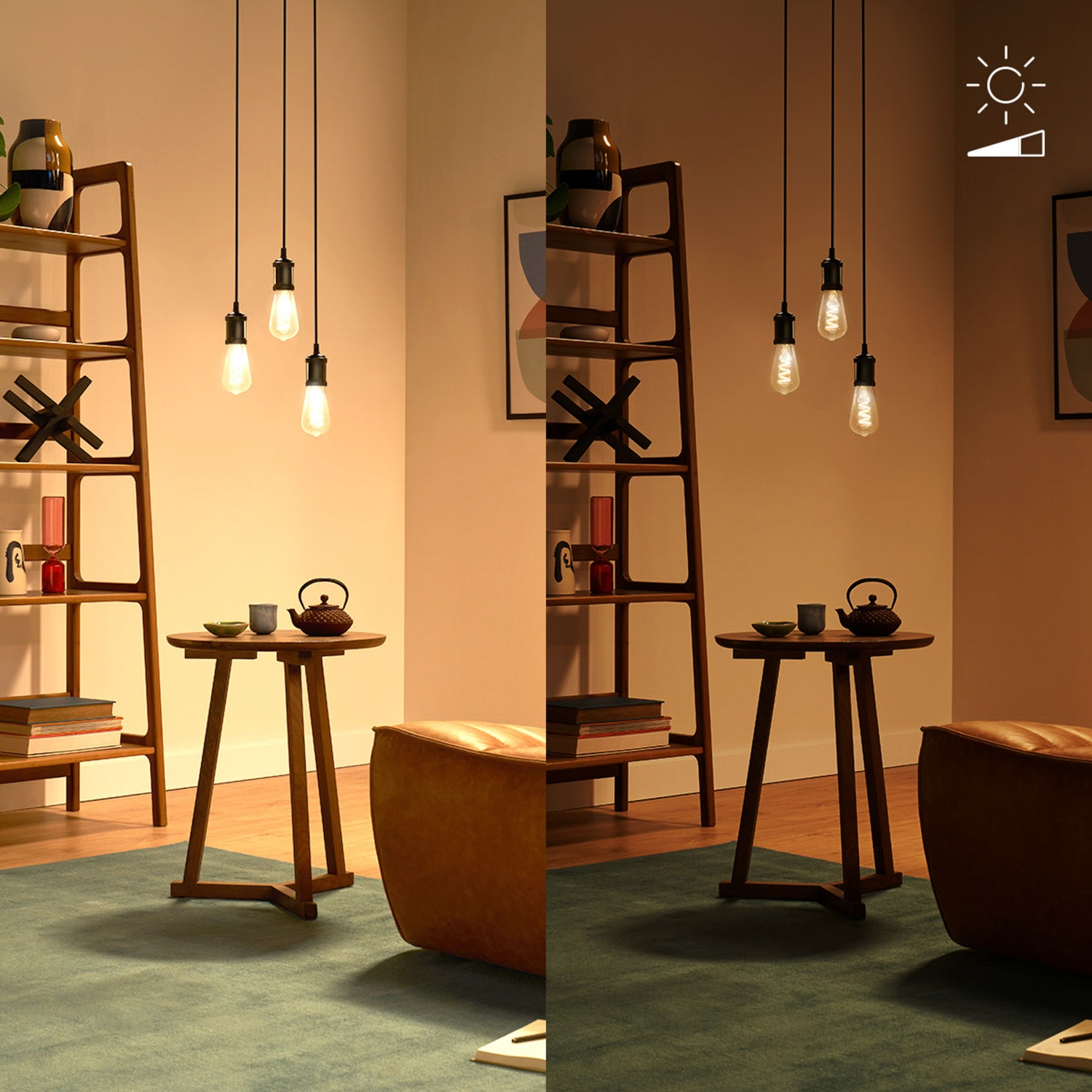 Deux vues d'un salon avec des suspensions et une table en bois.