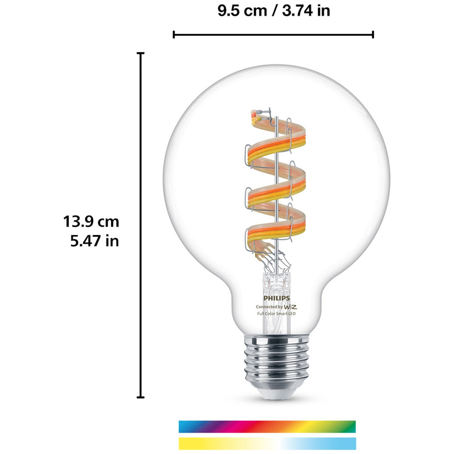 Une ampoule transparente avec LED spiralée colorée et dimensions.