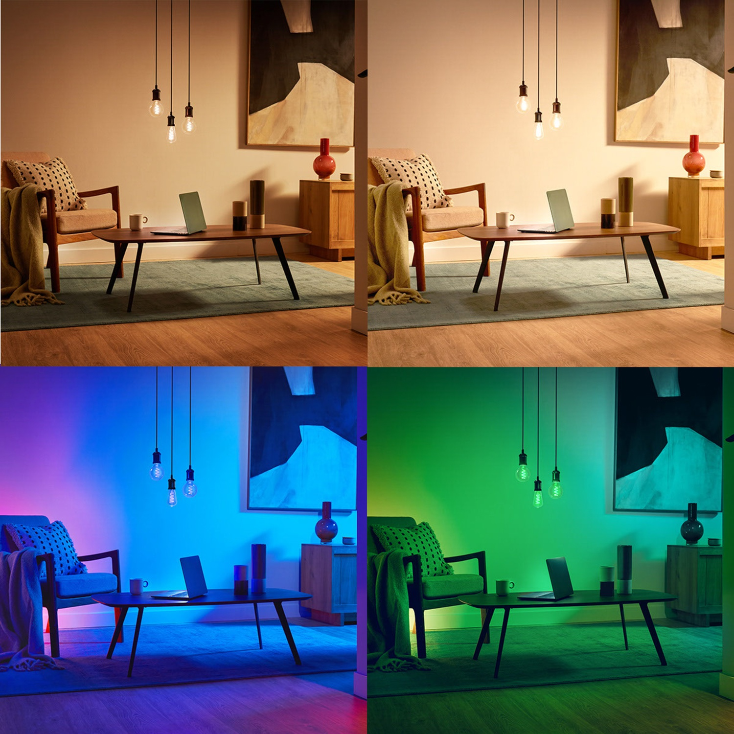 Quatre scènes d'un salon avec différents éclairages : blanc chaud, bleu et vert.