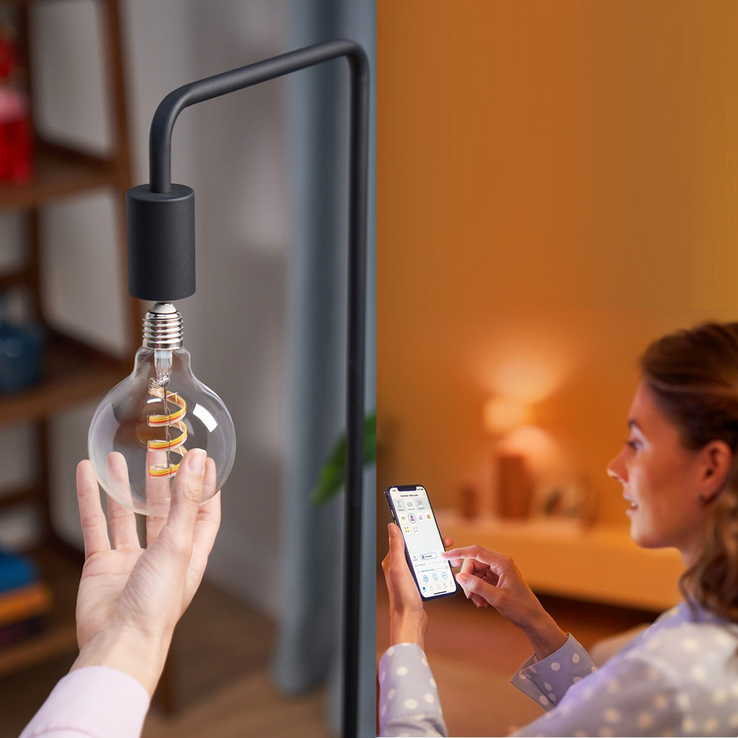 Main tenant une ampoule à filament près d'une lampe; femme utilise téléphone pour contrôler lumières.