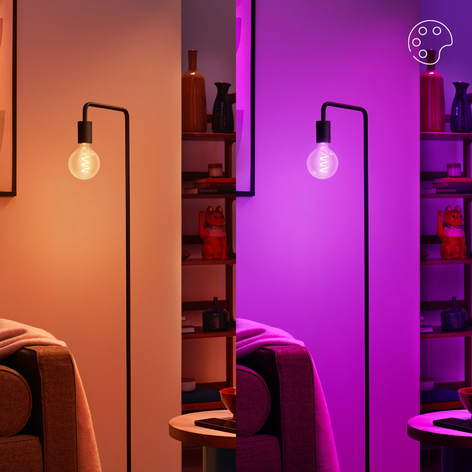 Une lampe sur pied avec une ampoule visible est montrée, un côté orange, l'autre violet.