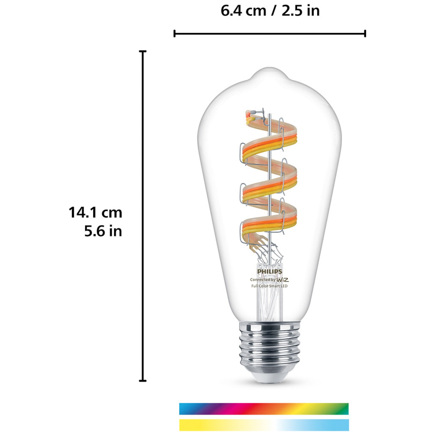 Une ampoule LED intelligente transparente style Edison avec spirale de filament orange et jaune visible. Dimensions 14,1cm x 6,4cm.