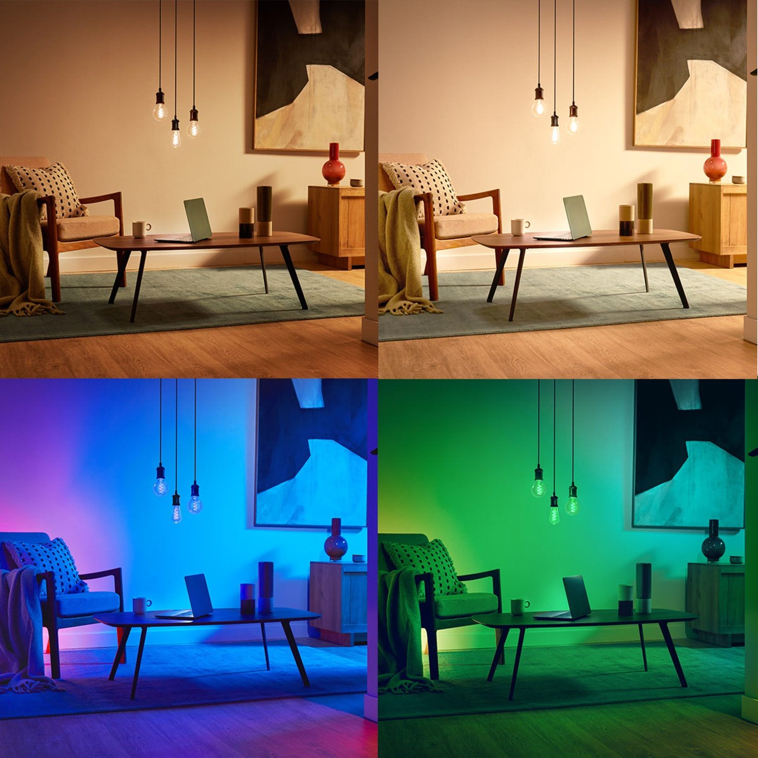 Un salon montré avec quatre scénarios d'éclairage différents, du blanc chaud au bleu et vert.