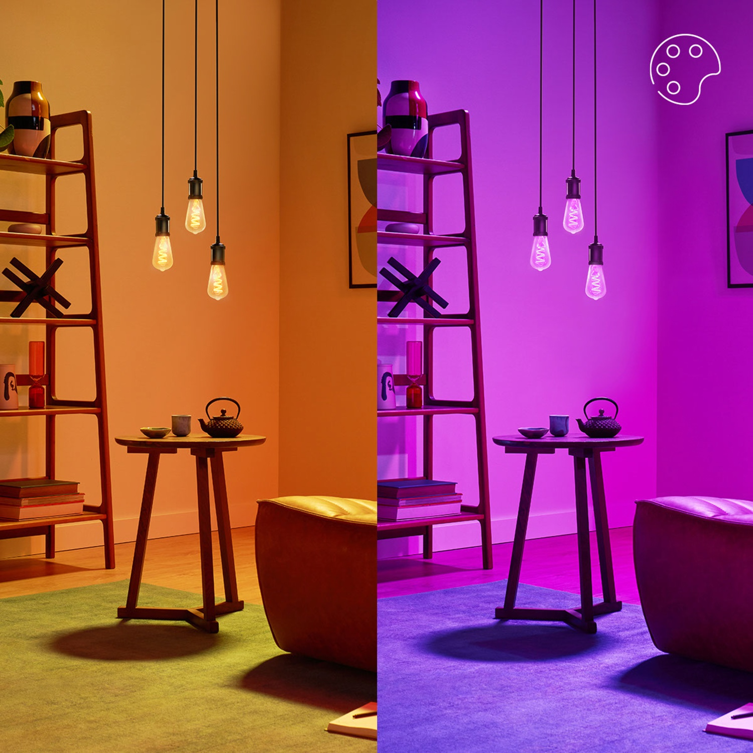 Image divisée : côté gauche lumière chaude, côté droit lumière violette, avec lampes et meubles.