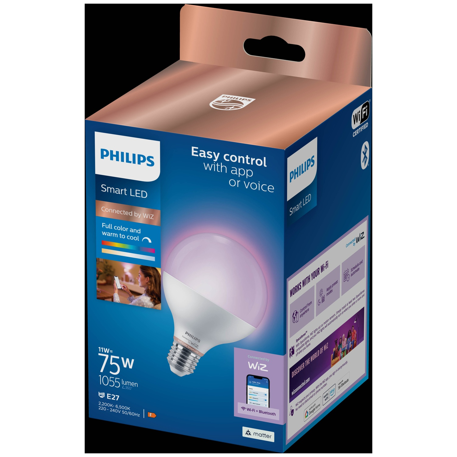 Emballage d'une ampoule LED intelligente Philips, certifiée Wi-Fi et contrôlable par application.