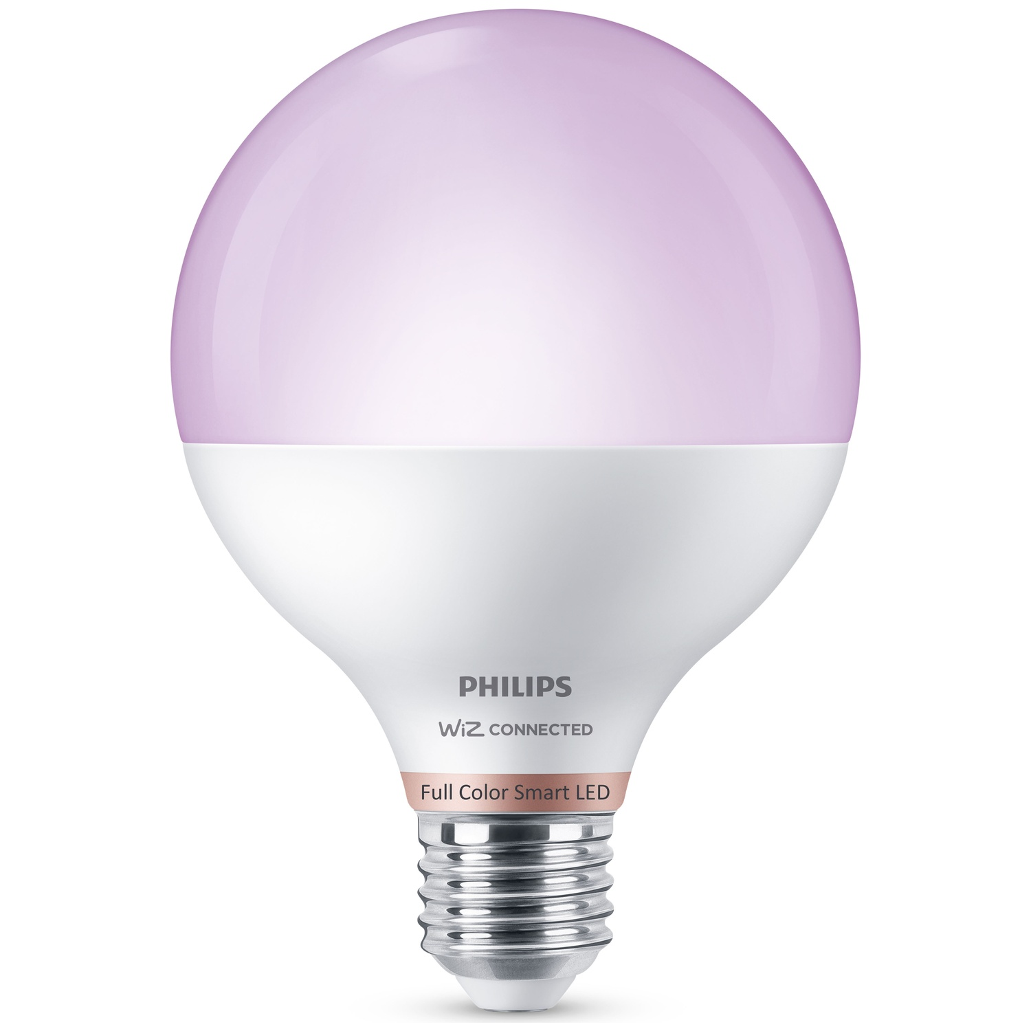 Une ampoule blanche avec un dessus violet clair, marque Philips Wiz Connected.