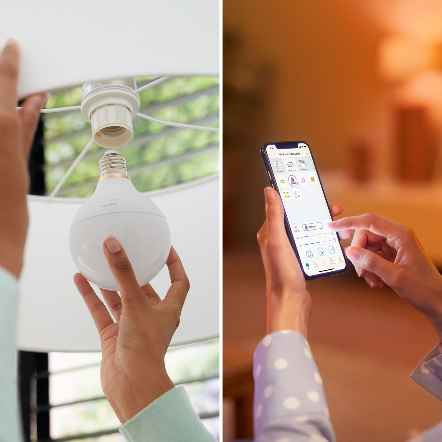 Une main visse une ampoule pendant qu'une autre utilise un smartphone avec une application de lampe.