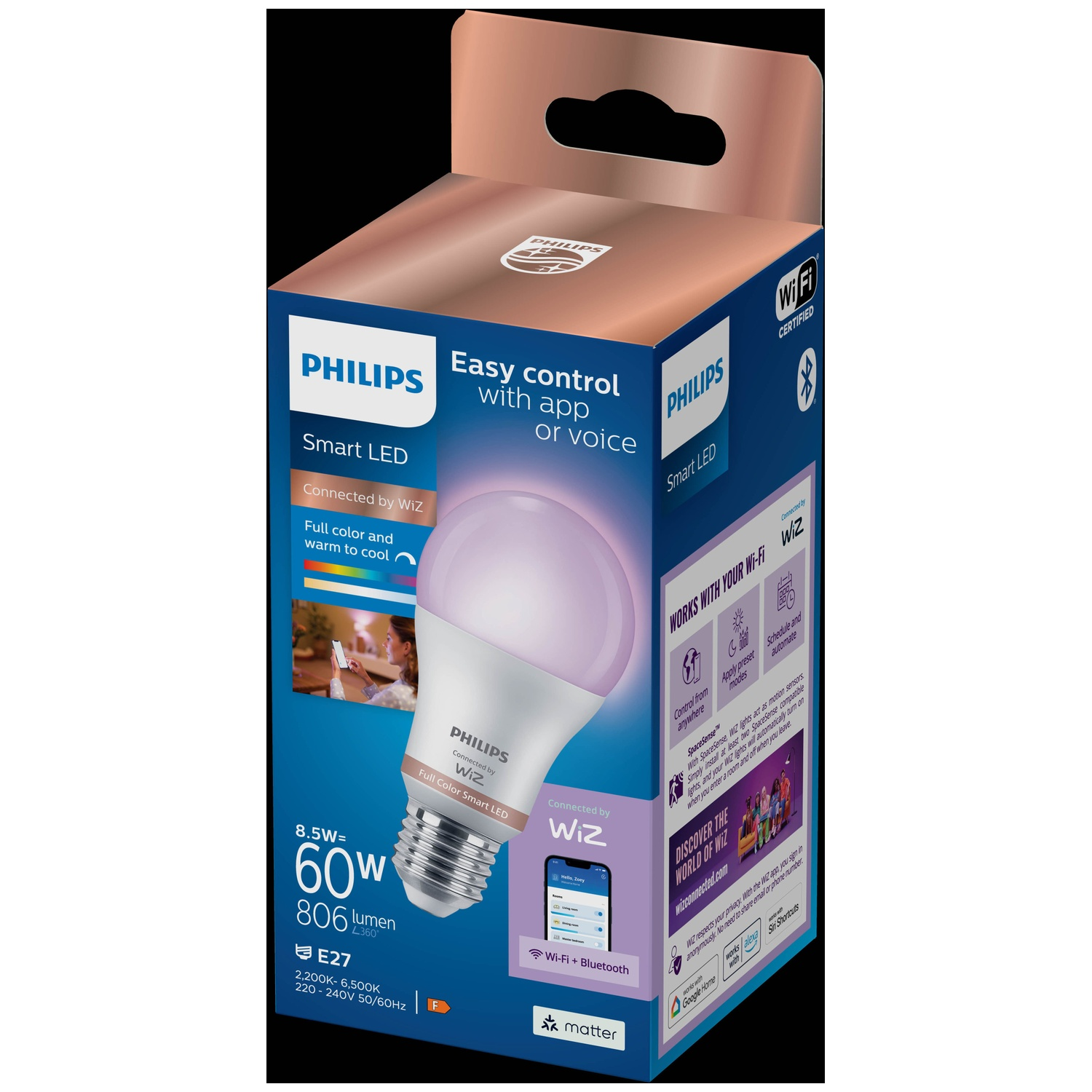 Ampoule LED intelligente Philips en boîte, contrôle par app/voix, compatible Wi-Fi/Bluetooth.
