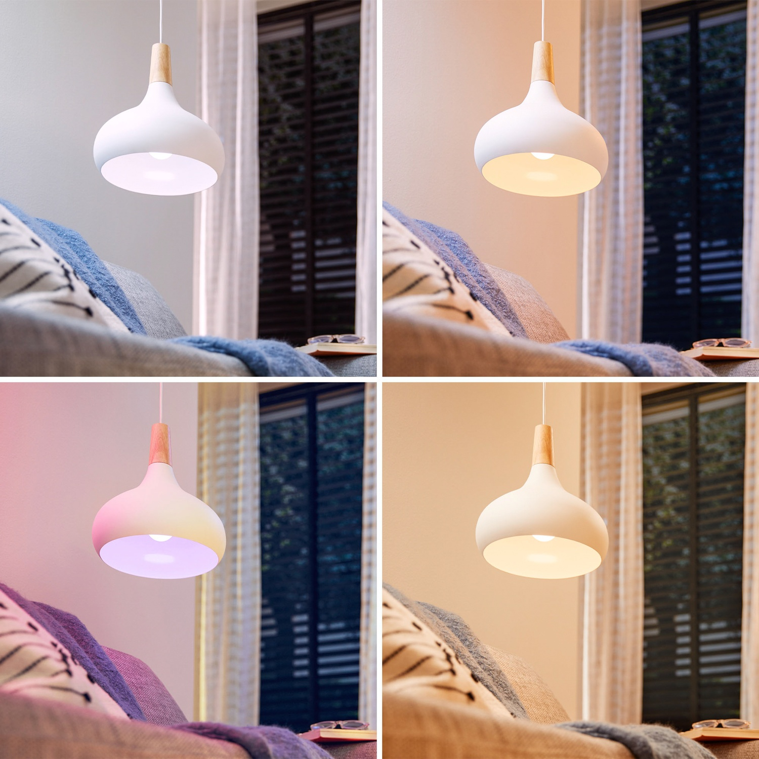 Quatre images montrent une suspension blanche avec accent en bois au-dessus d'un canapé, avec différentes couleurs de lumière.