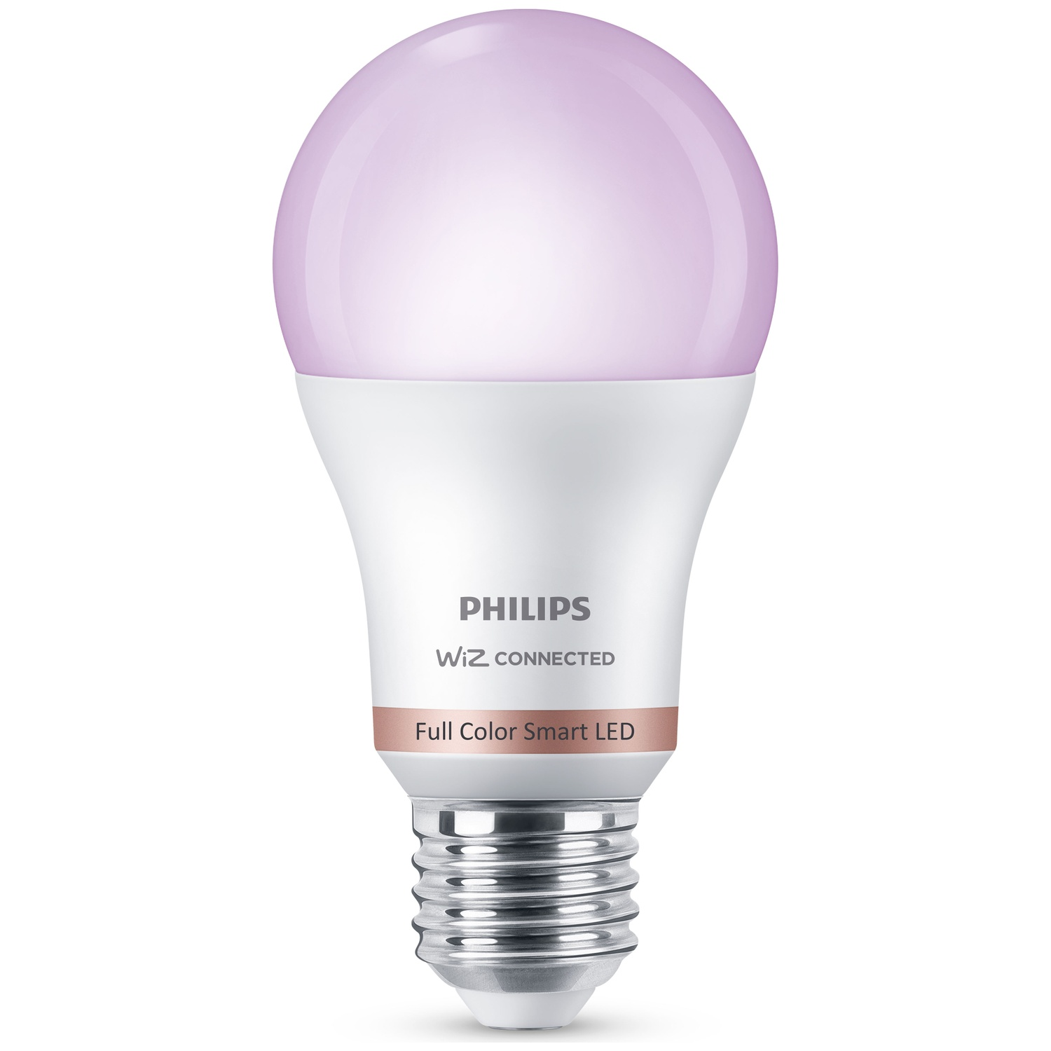 Une ampoule LED Philips Wiz Connected blanche avec lumière violette en haut et base argentée.