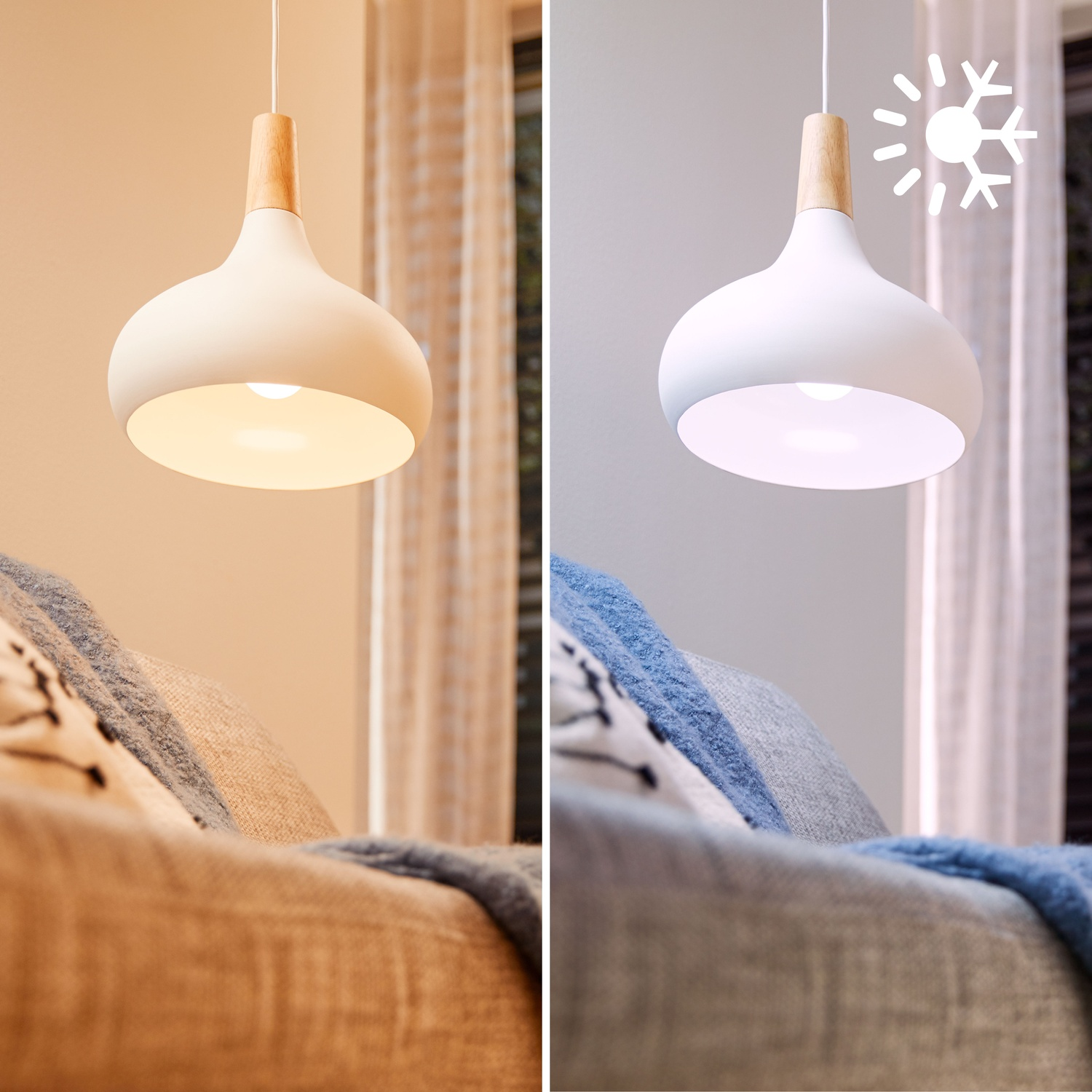 Image divisée: Gauche lumière chaude, droite lumière froide. Lampe suspendue bois.