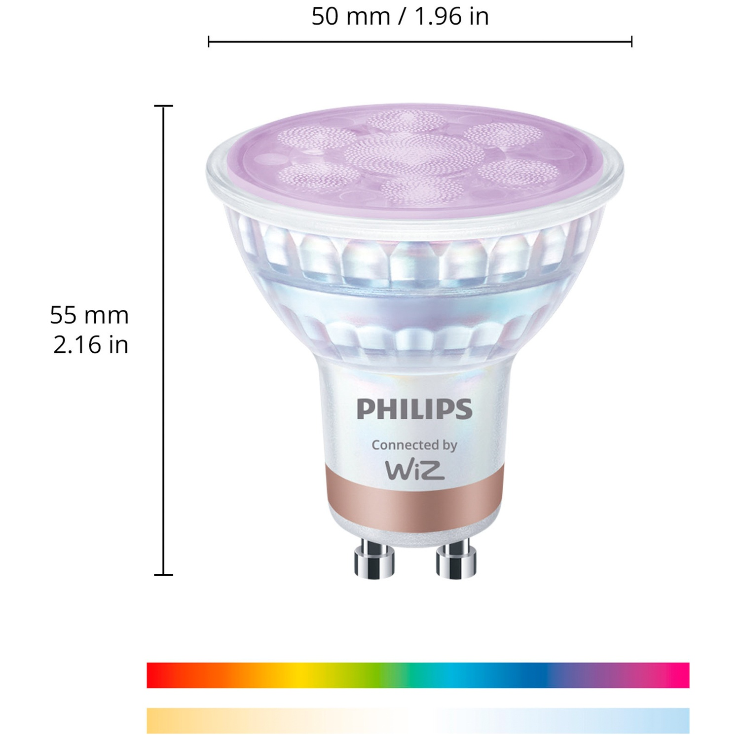 Ampoule Philips Wiz avec dimensions et spectre de couleurs