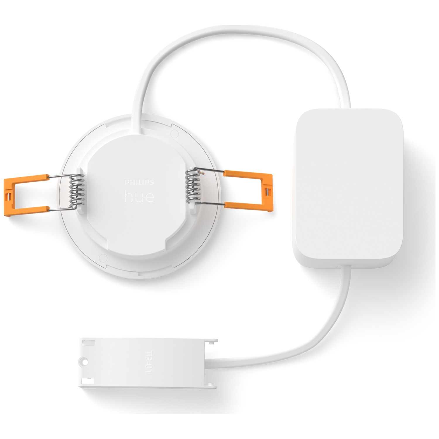 Un luminaire encastrable Philips Hue blanc avec clips à ressort et câbles orange.