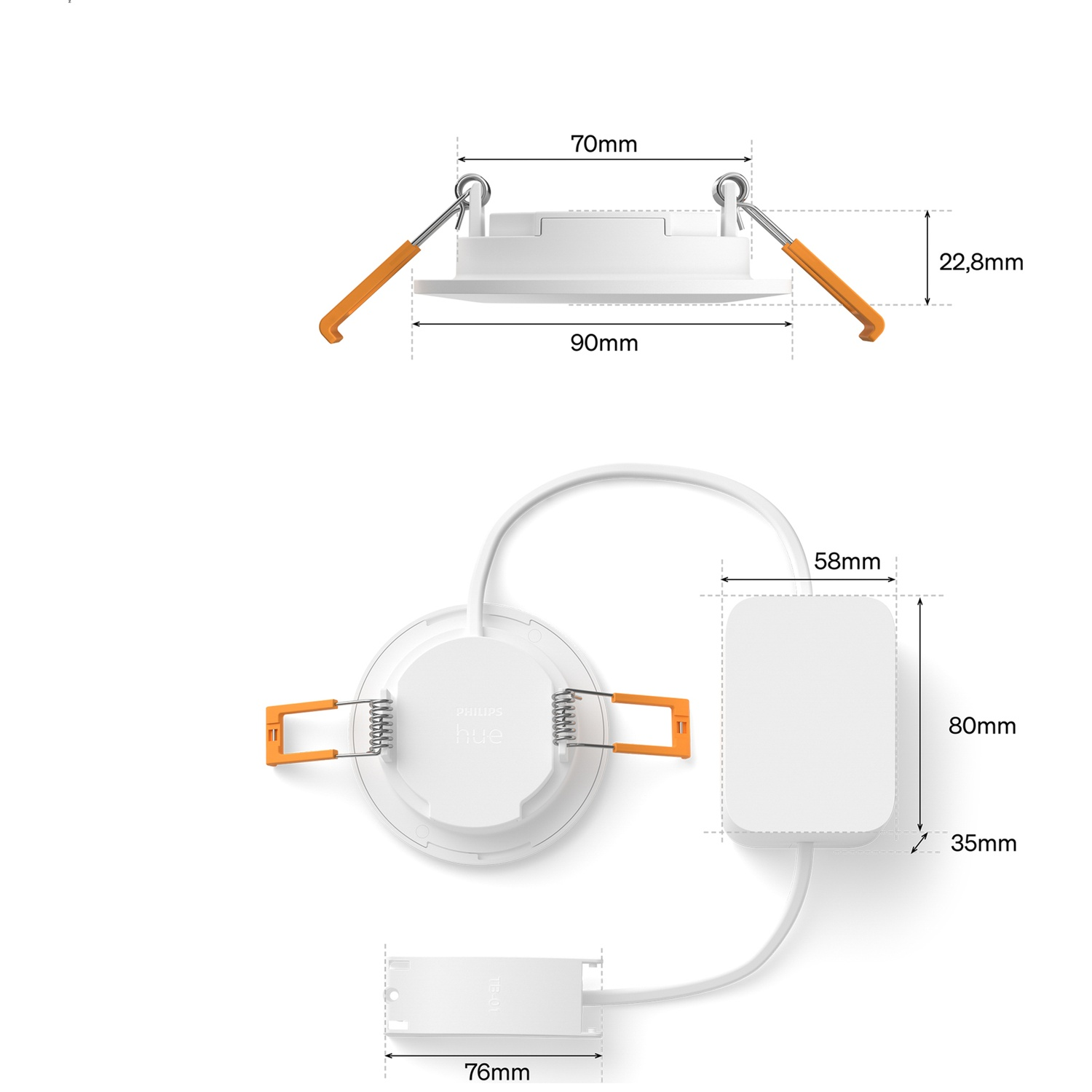 Lumière blanche Philips Hue avec dimensions et accessoires.