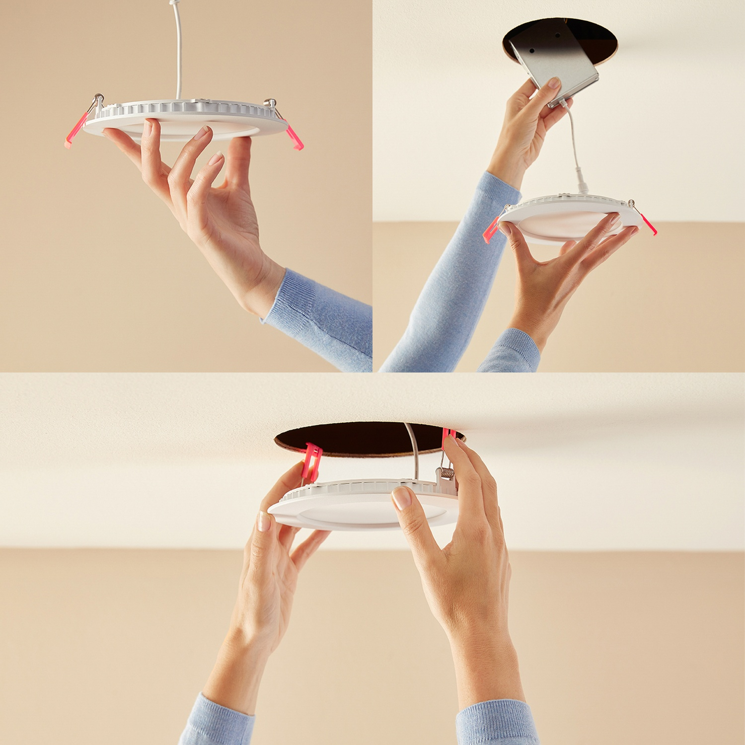 Une personne installe un luminaire plat dans une ouverture de plafond, reliant les fils.