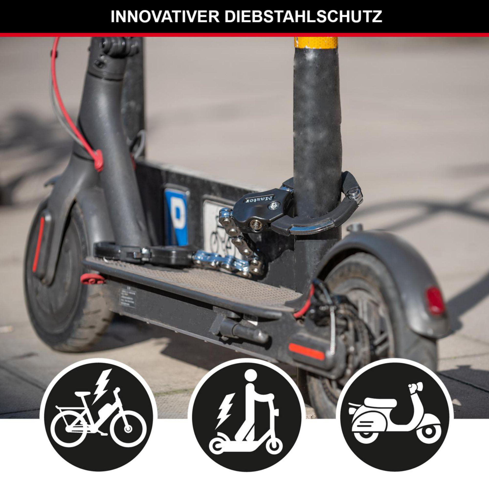 Elektroroller mit Kettenschloss an Säule befestigt, unten Symbole für Fahrrad, E-Scooter, Roller.