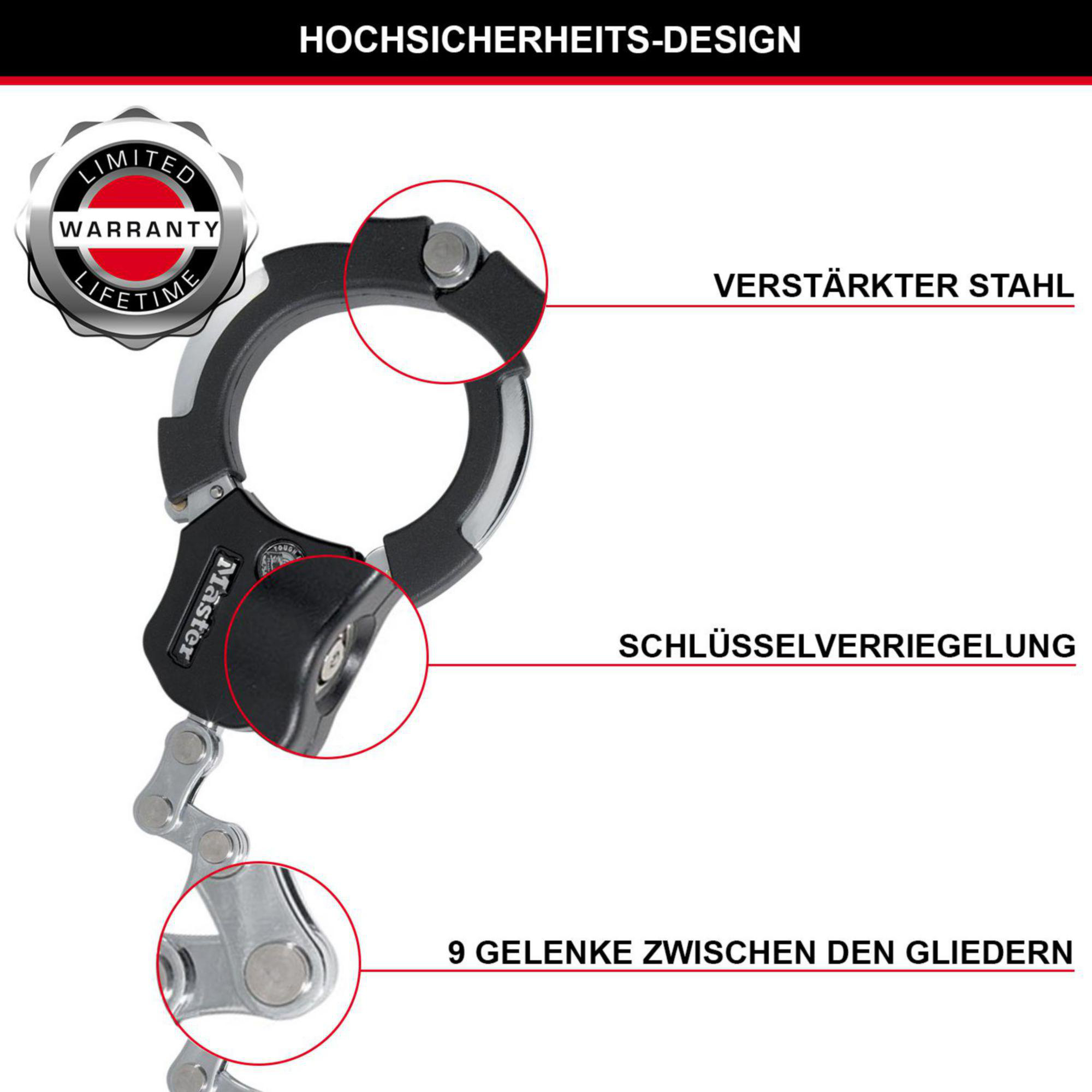 Schwarze Handschellen mit silbernen Gelenken und Hinweisen zu Stahl, Verriegelung und Gelenken.