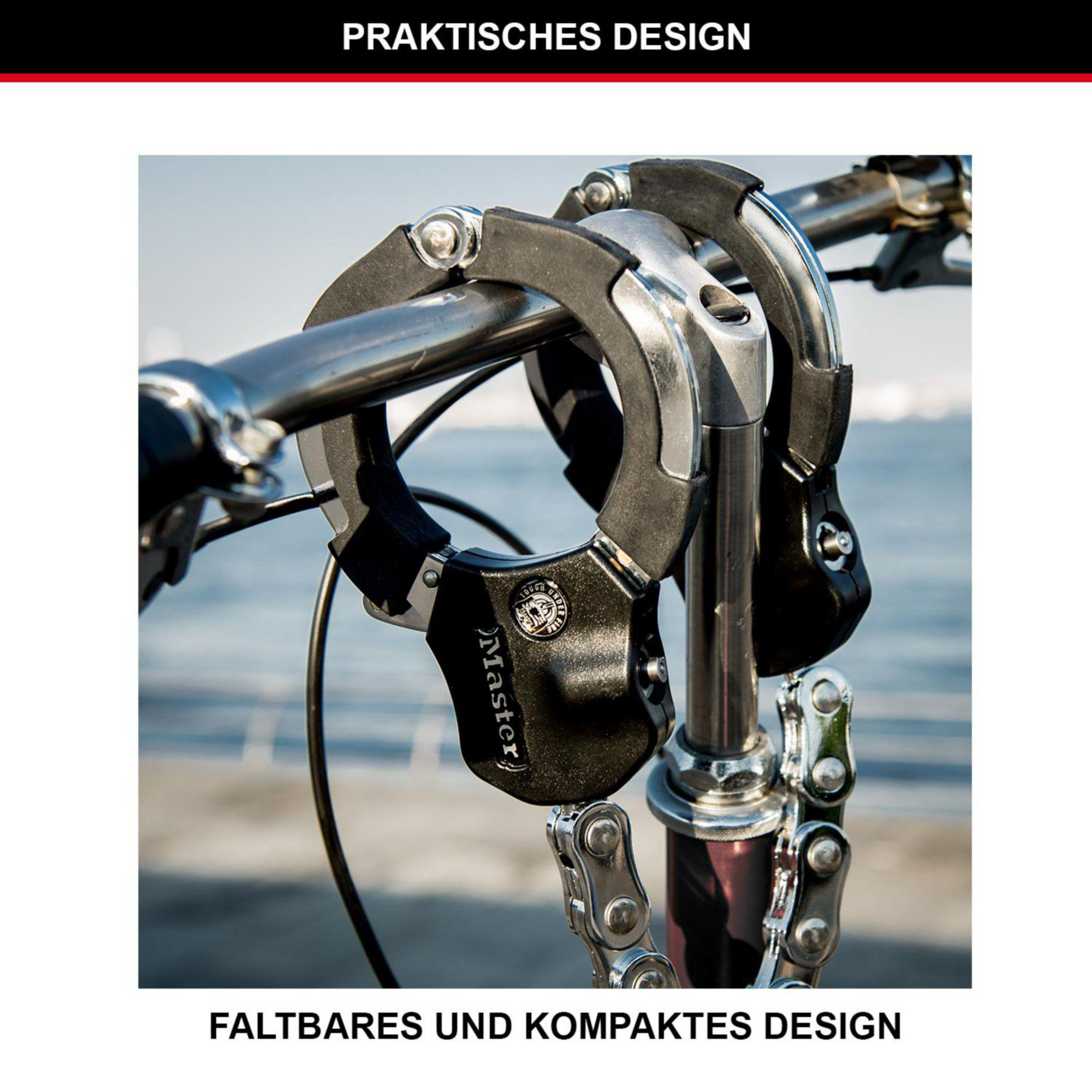 Ein schwarzes Fahrradschloss mit silbernen Details ist am Lenker befestigt.