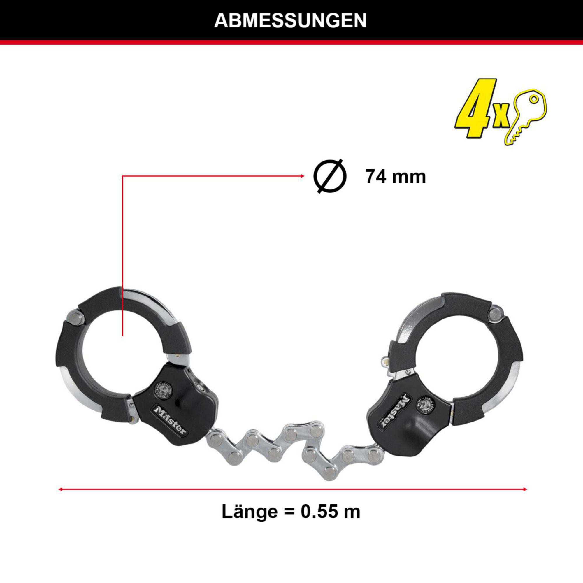 Ein Paar Handschellen mit Kette, Durchmesser 74 mm, Länge 0,55 m.