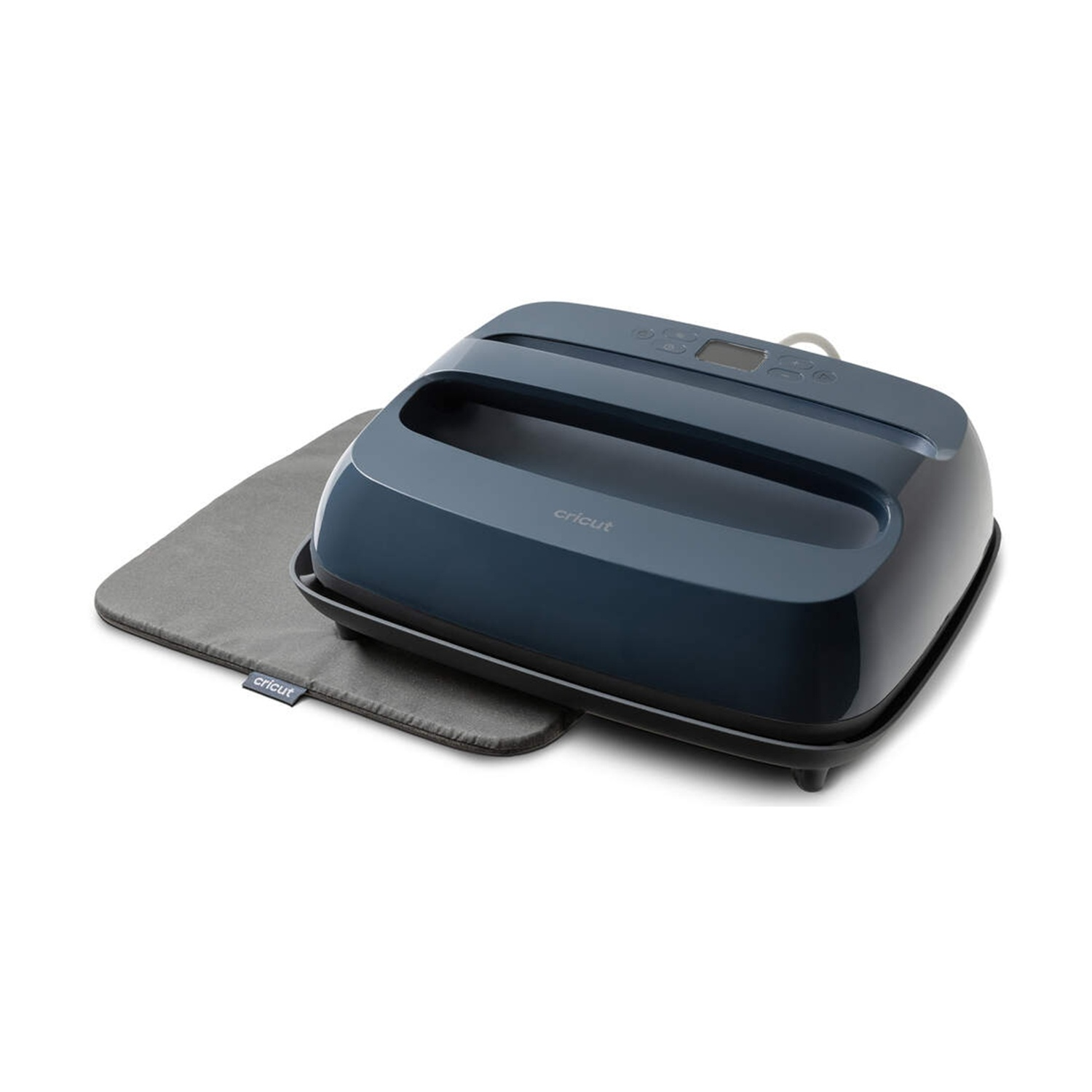 Termopressa Cricut blu scuro su tappetino grigio, sfondo bianco.