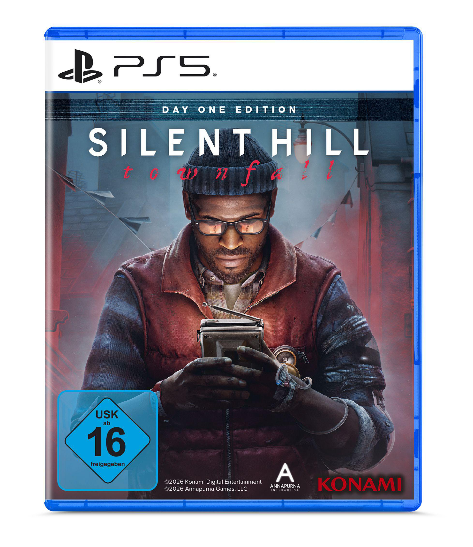PS5-Spielehülle für Silent Hill: Townfall. Mann mit Brille hält ein Radio. USK 16.