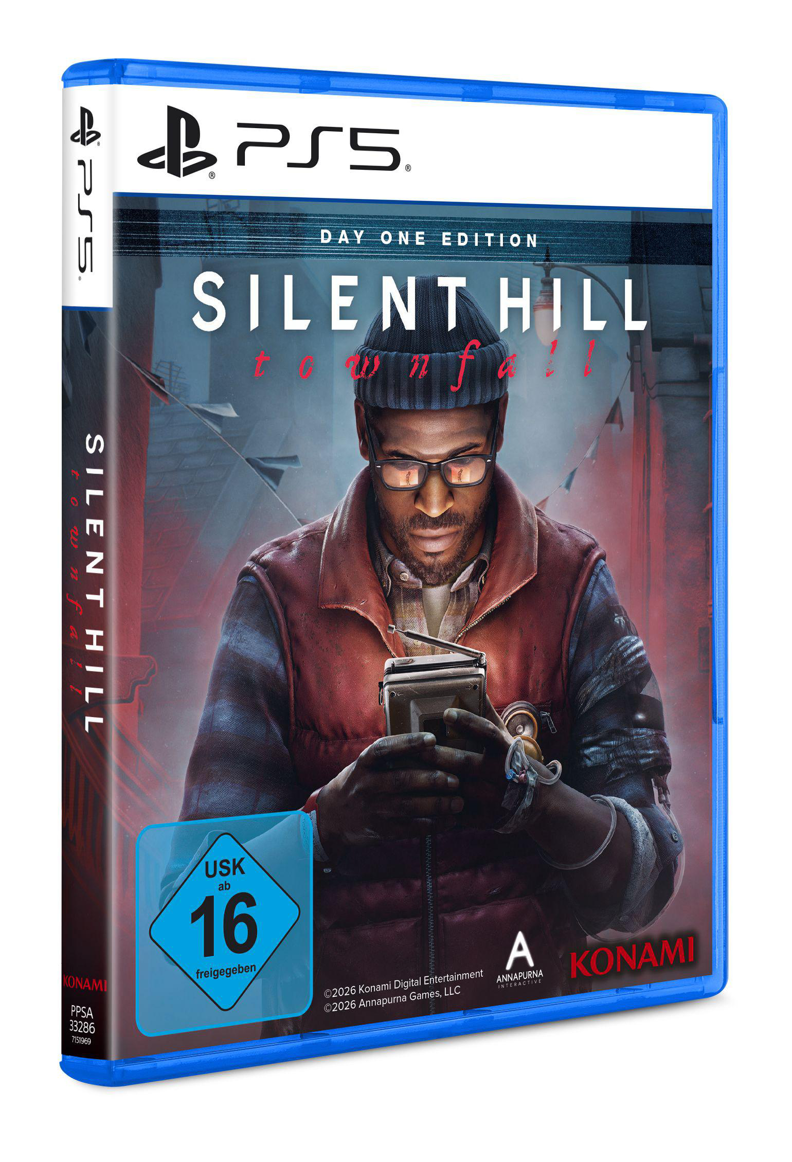 PlayStation 5 Spielcover für Silent Hill: Townfall mit Mann, der ein Radio hält.