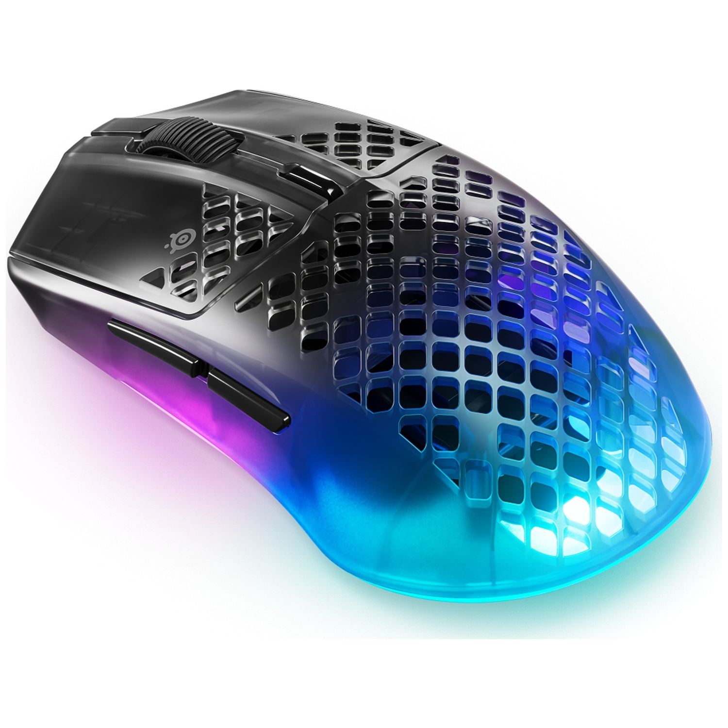 A perforated black gaming mouse with blue and purple RGB lighting.