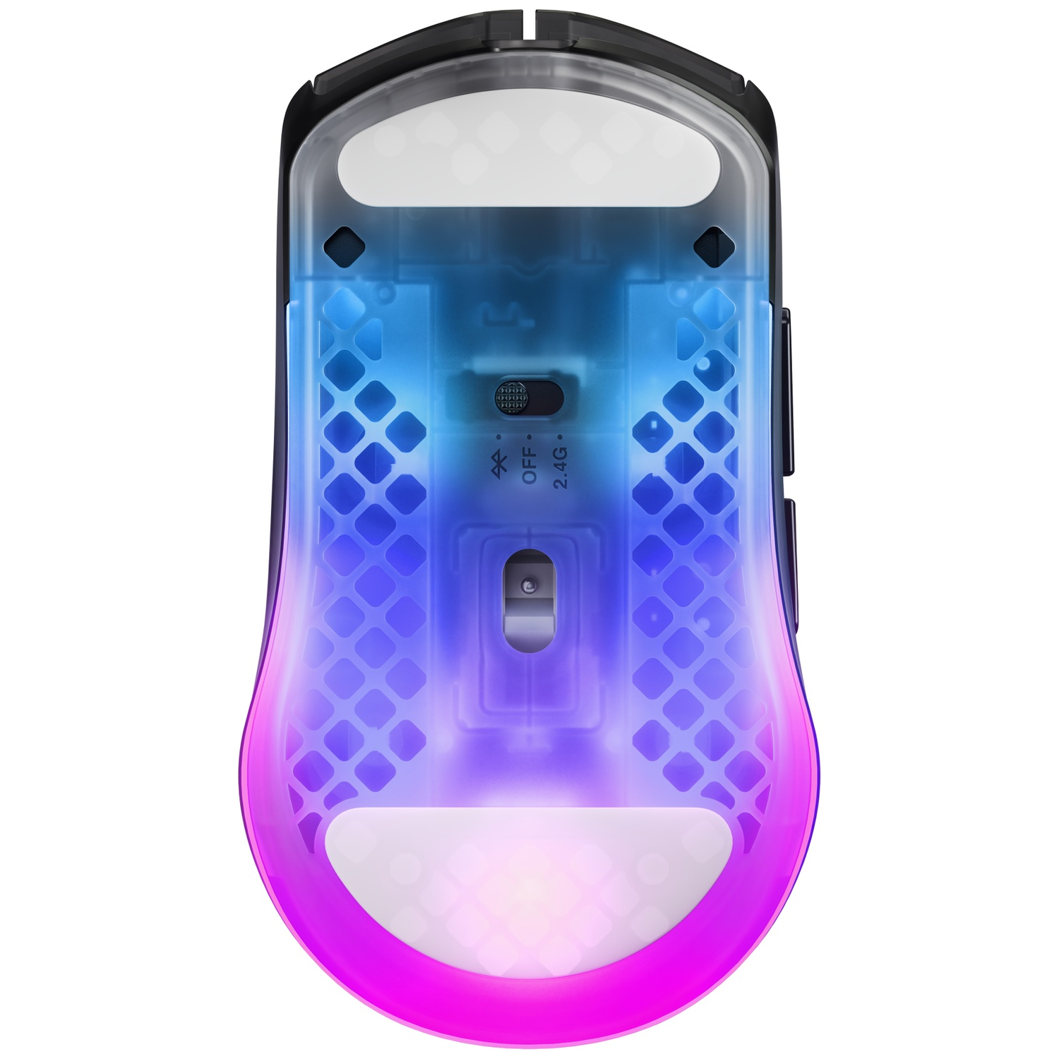 The underside of a gaming mouse with blue and purple RGB lighting.