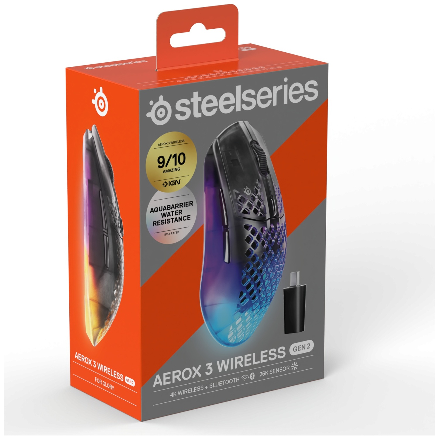 Steelseries Aerox 3 Wireless Gen 2 gaming mouse box. Features illuminated mouse and IGN rating.