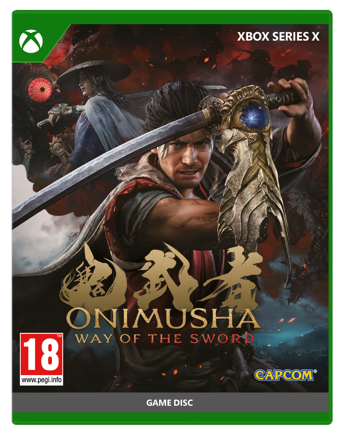 Portada del juego Onimusha Way of the Sword para Xbox Series X. Hombre con espada, mujer con sombrero.
