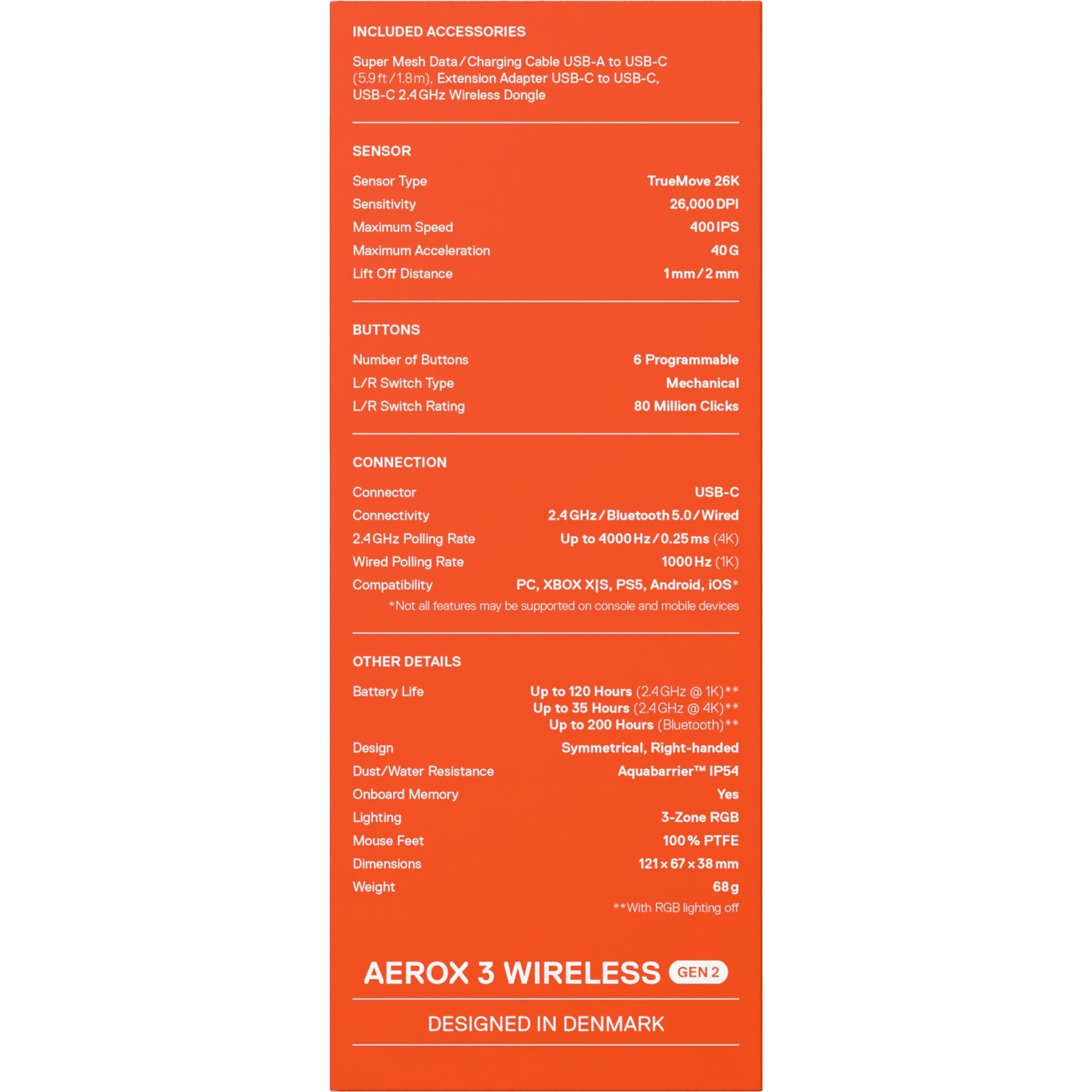 Specifications for Aerox 3 Wireless Gen 2 mouse: sensor, buttons, connectivity, battery life, IP54.