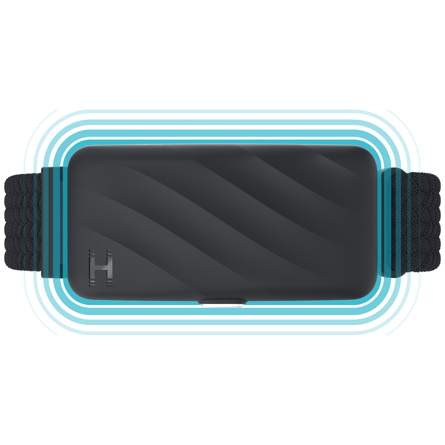 Een donker rechthoekig apparaat met H-logo, omgeven door blauwe golven.