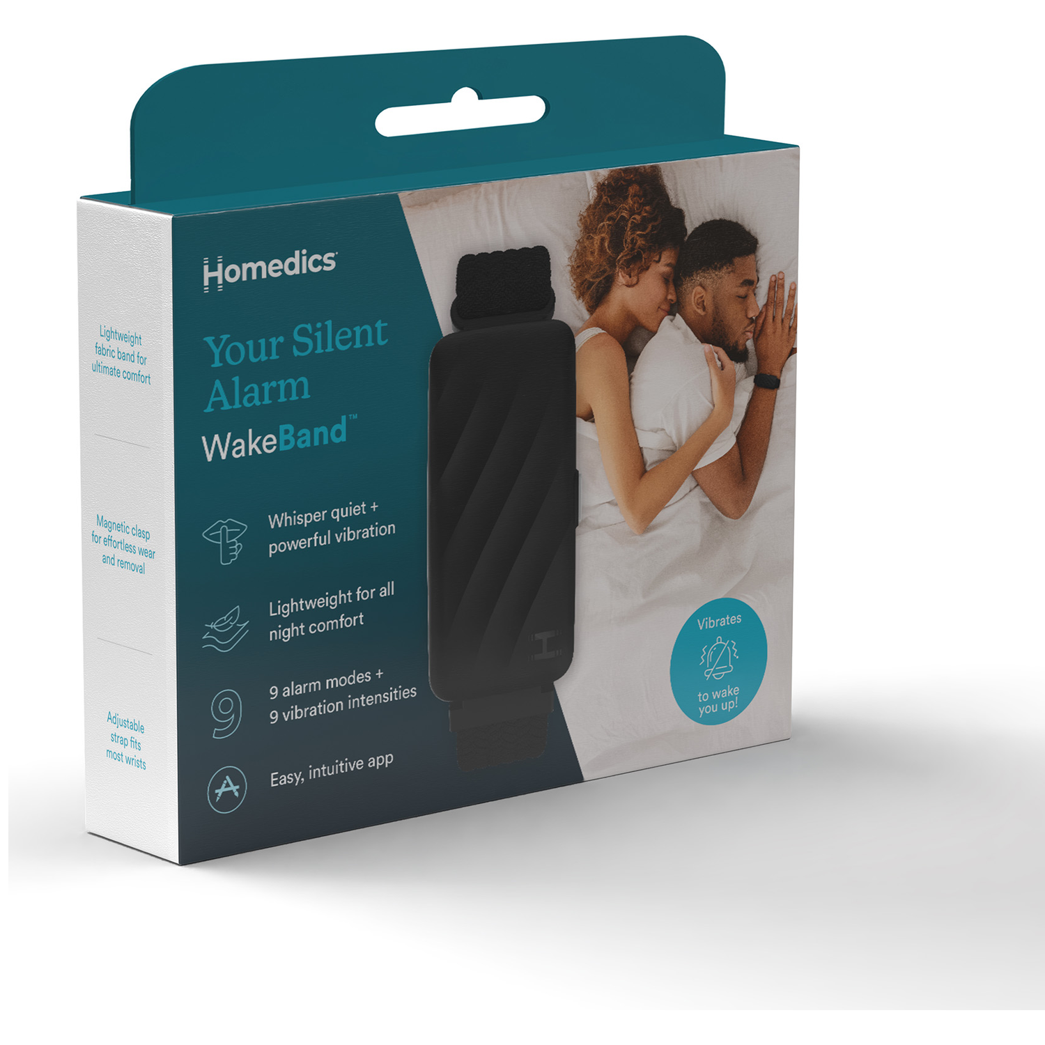 Doos Homedics Silent Alarm WakeBand met slapend koppel.