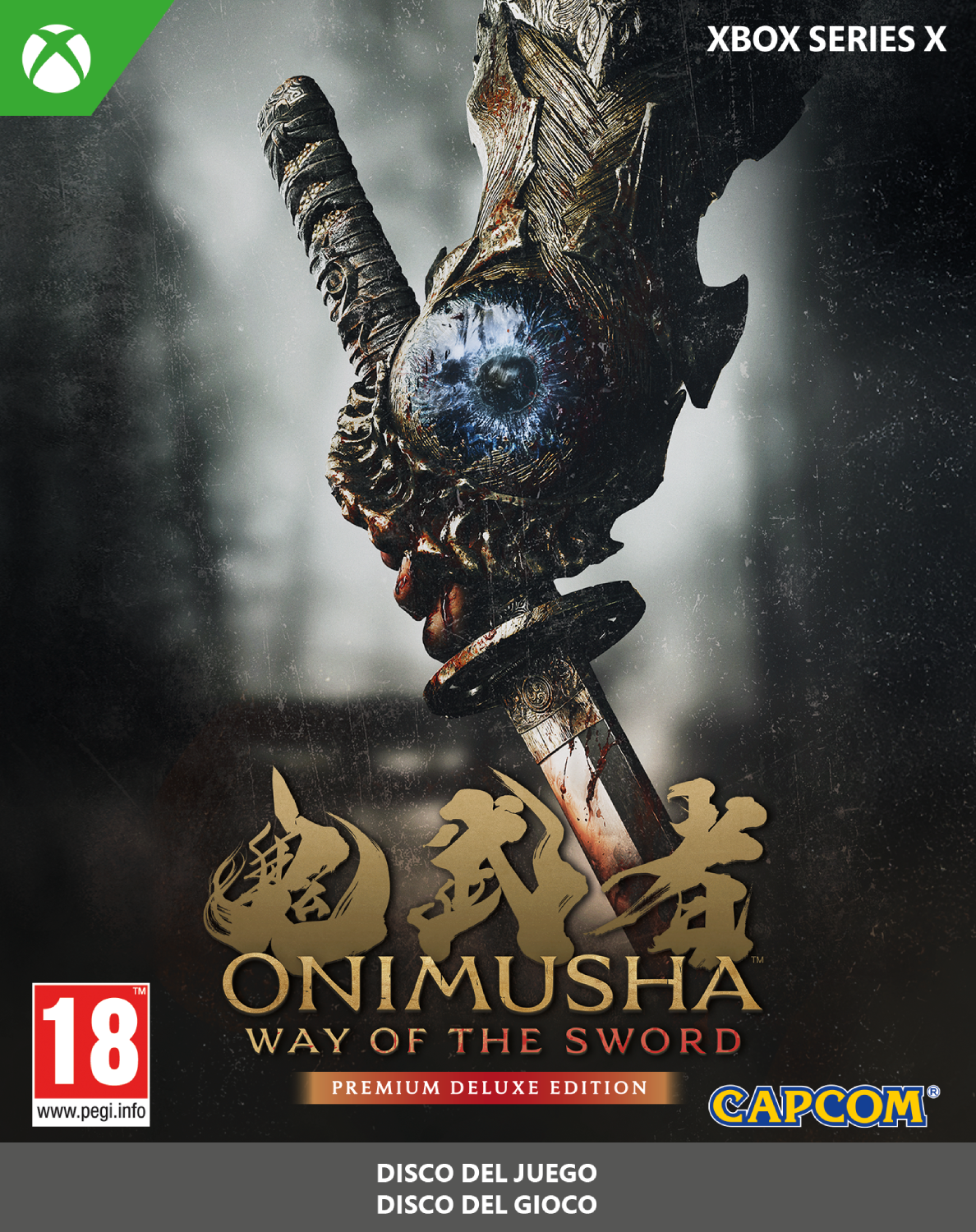 La portada presenta un ojo demoníaco y una espada para el juego Onimusha: Way of the Sword.