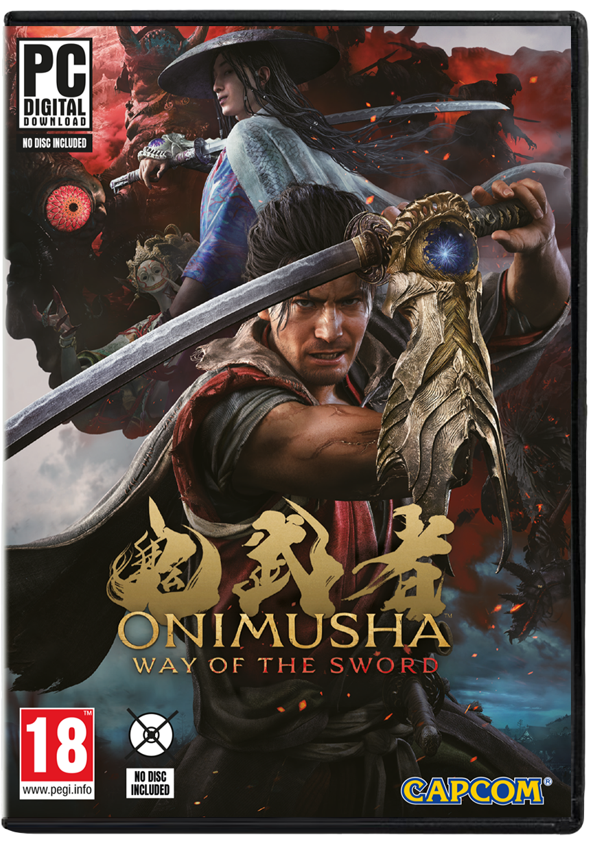 Portada del juego Onimusha: Way of the Sword con guerreros y escritura japonesa.