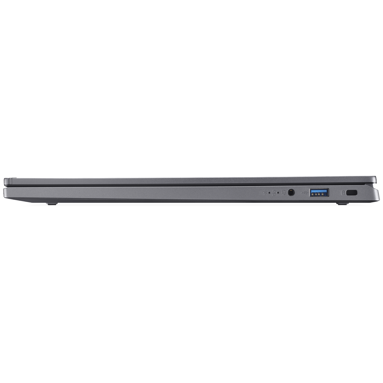 Gesloten grijze laptop van de zijkant met USB-poorten.