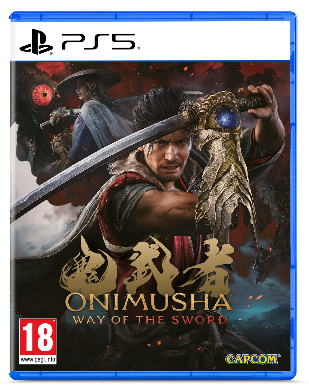 Portada de juego PS5: Hombre con espada, mujer y monstruo al fondo.