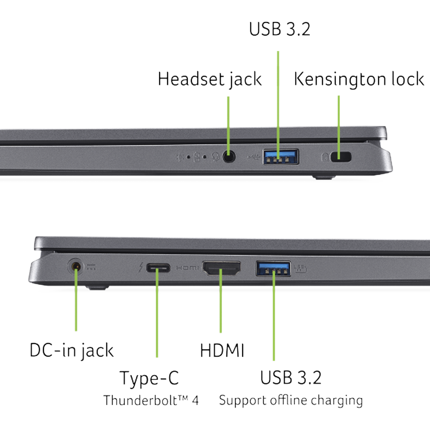 Laptop poorten: DC-in, Type-C Thunderbolt 4, HDMI, USB 3.2, headset-aansluiting, Kensington-slot.