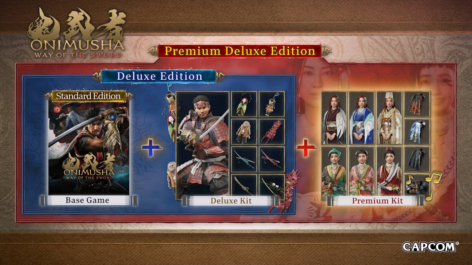 Gráfico del juego Onimusha: Way of the Sword mostrando ediciones Estándar, Deluxe y Premium.