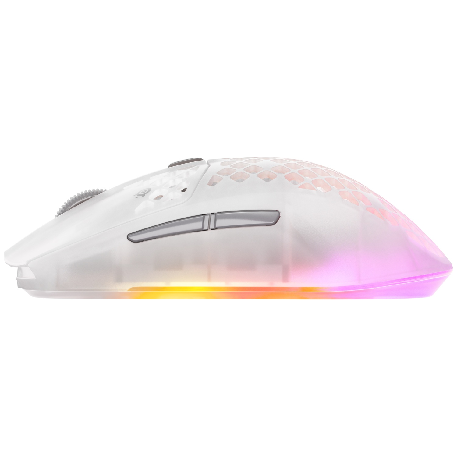 White wireless gaming mouse with RGB lighting and honeycomb pattern.