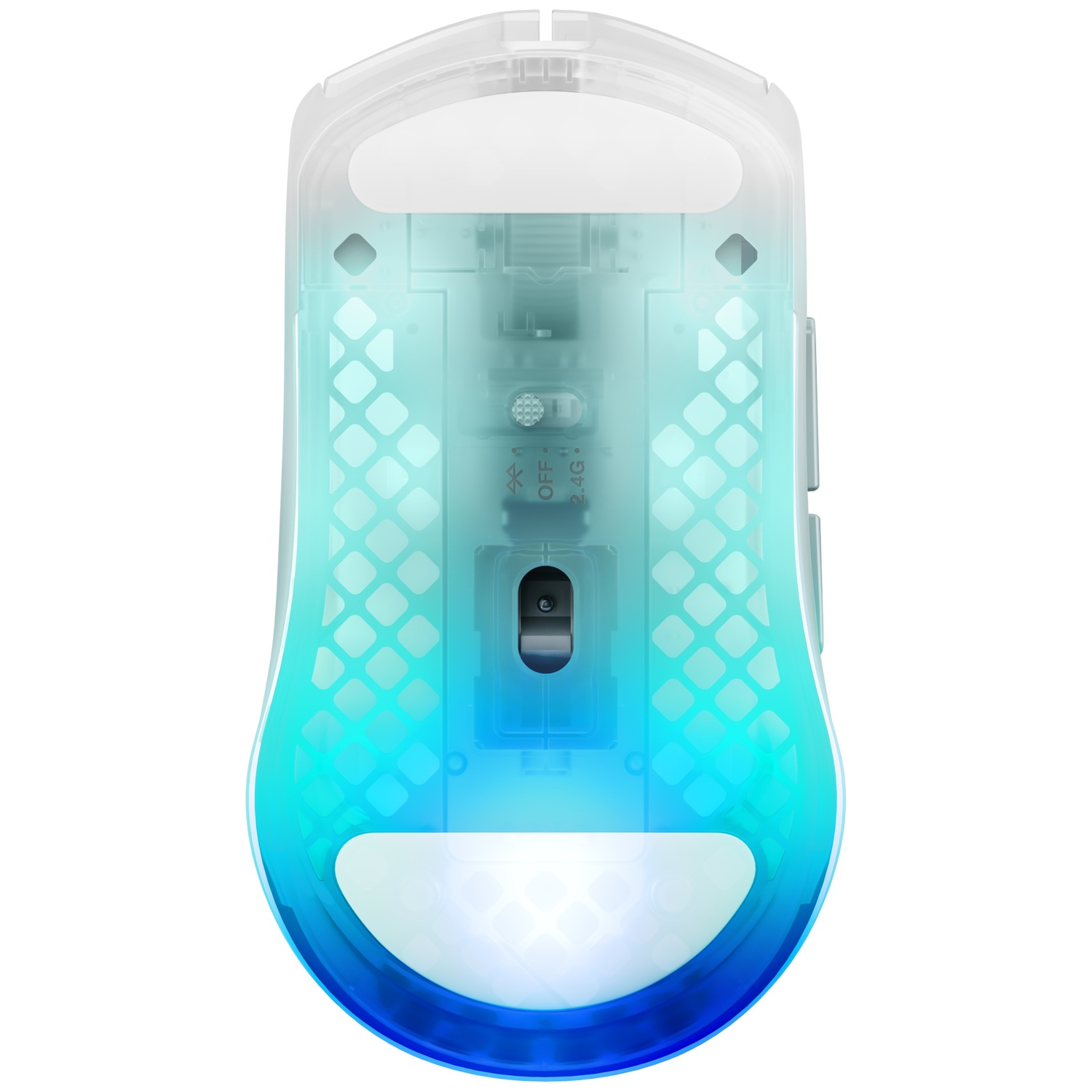 A white and transparent computer mouse with blue-green lighting.
